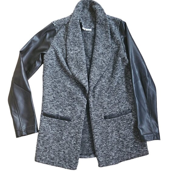 JACQUELINE DE YONG GREY TWEEN & BLACK FAUX LEATHER SLEEVED OPEN JACKET - Picture 1 of 5